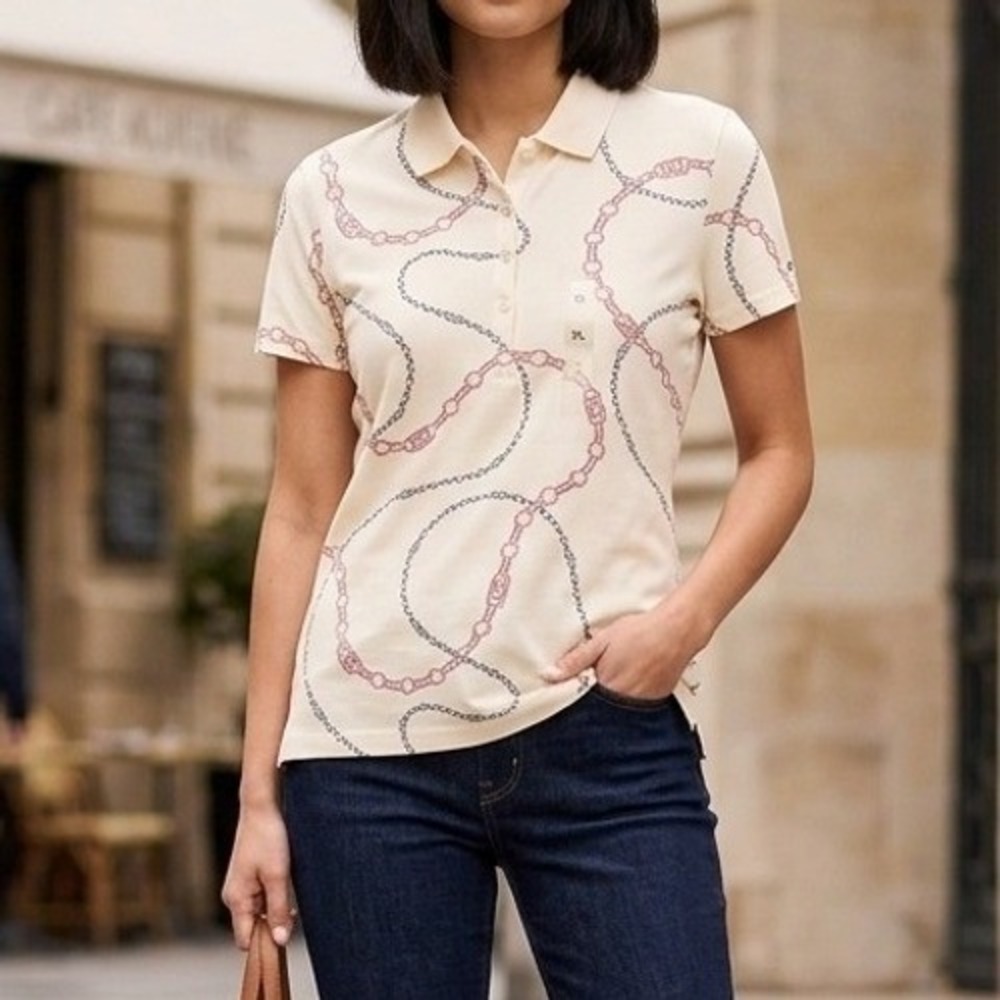 Tommy Hilfiger Polo Shirt Womens XL Cream Red Navy Chain Link Preppy Nautical